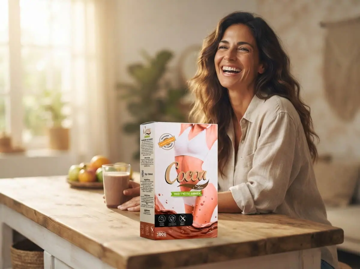 Mujer disfrutando una taza de batido de chocolate en la cocina a media mañana