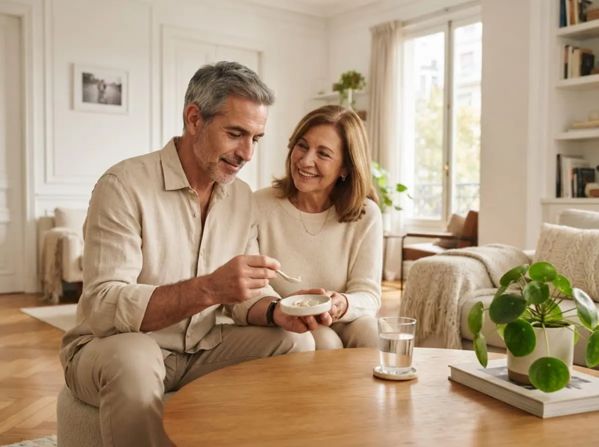 Pareja argentina de 60 años en el living de su casa compartiendo un momento con sus suplementos
