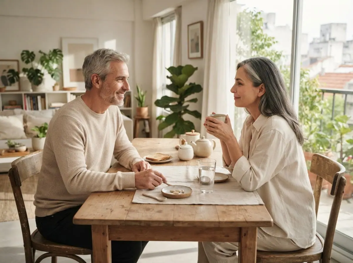 Pareja argentina desayunando junto a la ventana con sus suplementos de todos los días