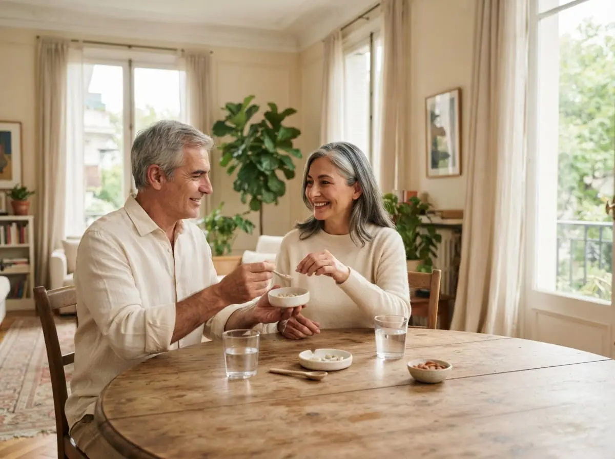Pareja argentina conversando en la mesa del comedor con agua y sus suplementos del día