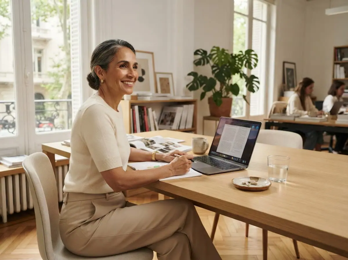 Editora argentina trabajando en su escritorio junto a la ventana, con su computadora y un vaso de agua