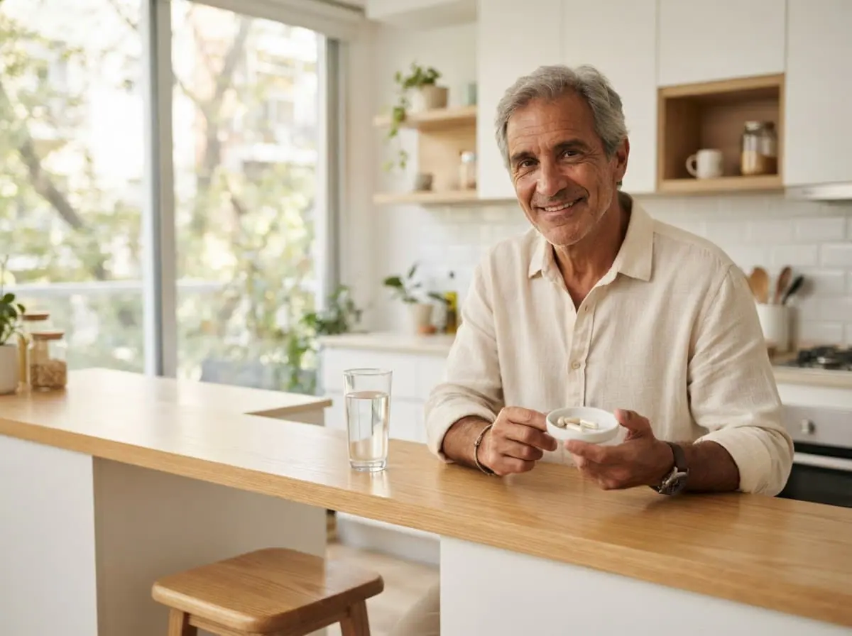 Hombre argentino en la barra de su cocina con un vaso de agua y un plato con suplementos