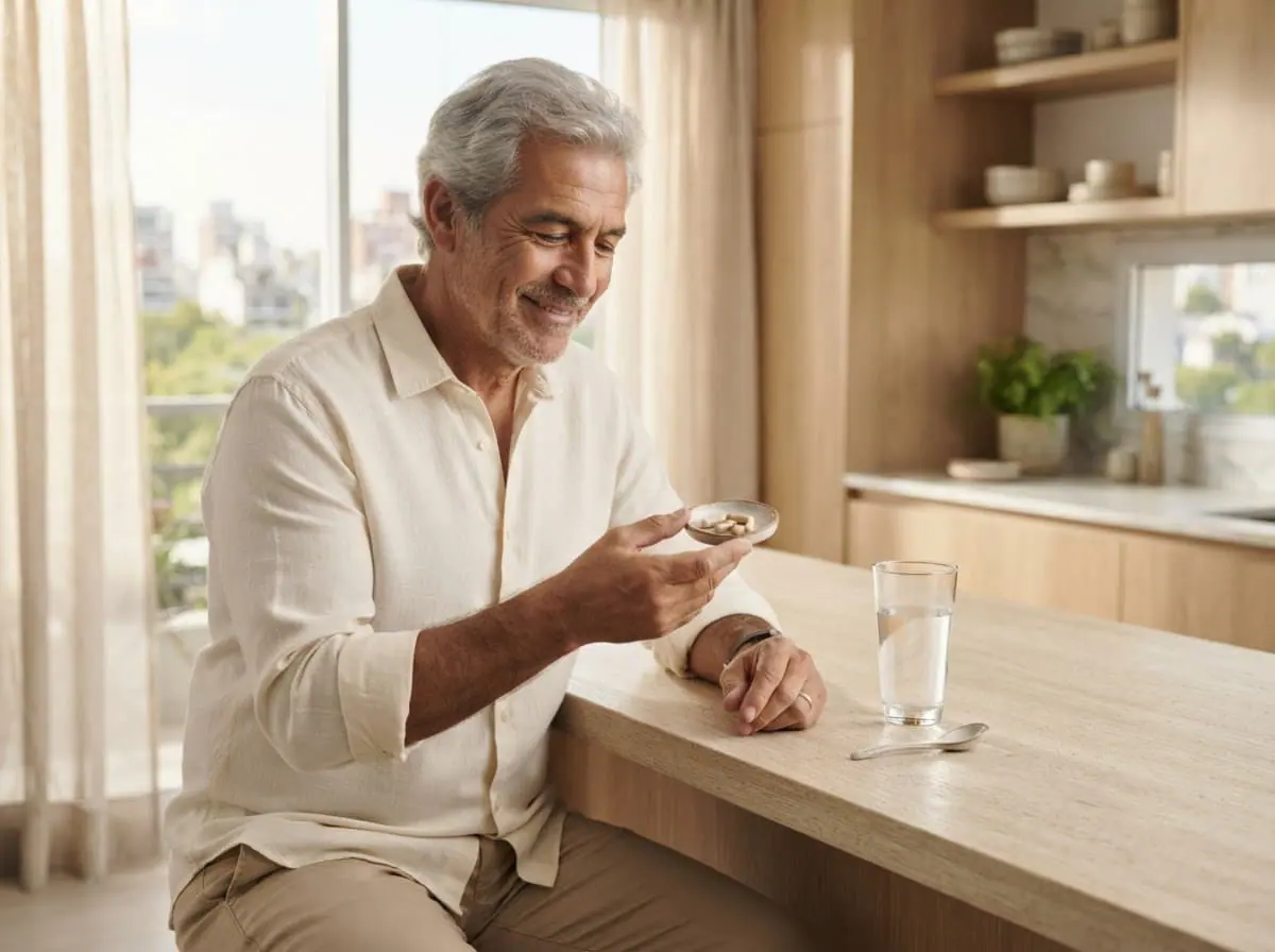 Hombre argentino mirando por la ventana con un vaso de agua y sus suplementos