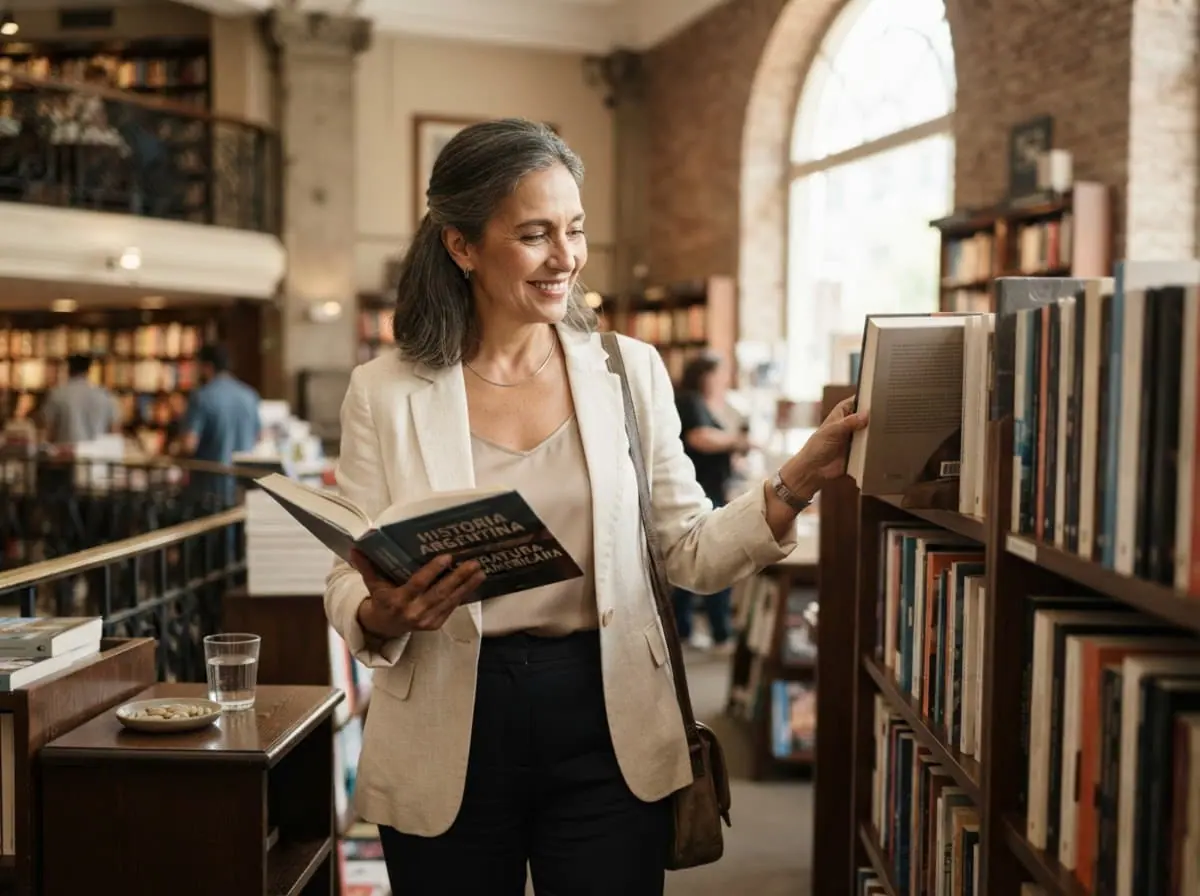 Profesora argentina en una librería con un libro en la mano, eligiendo con información