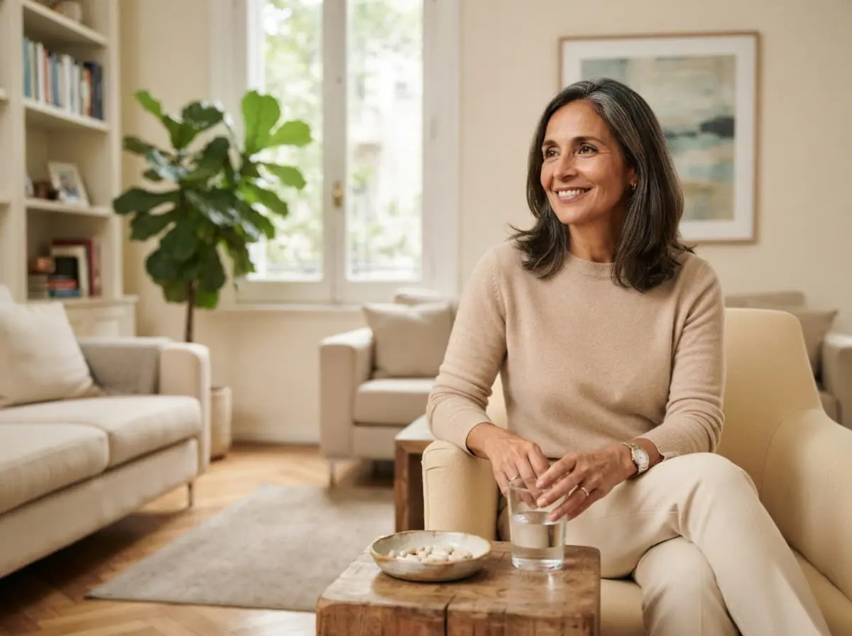 Mujer argentina sentada en su living luminoso con un vaso de agua, tranquila y sonriente