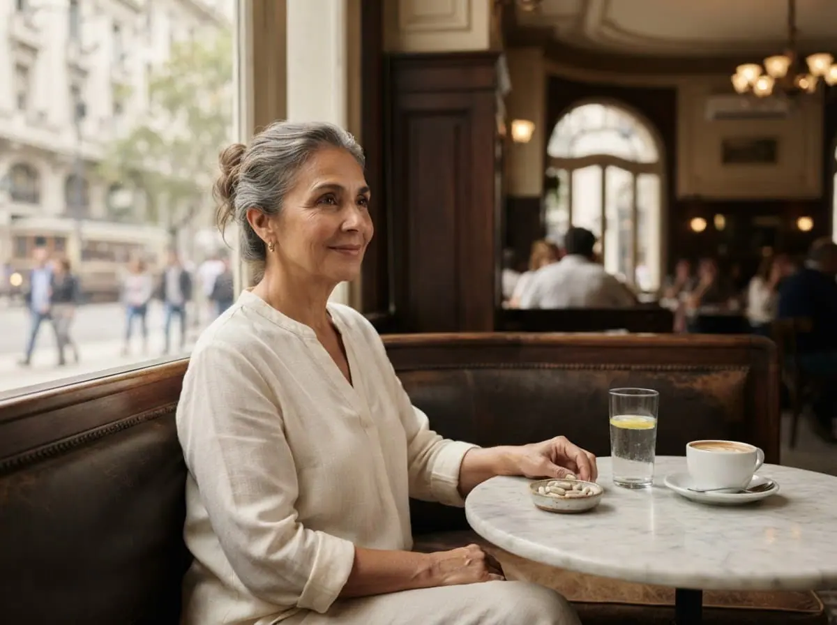 Mujer argentina sentada en un bar clásico de Buenos Aires con un café y su suplemento