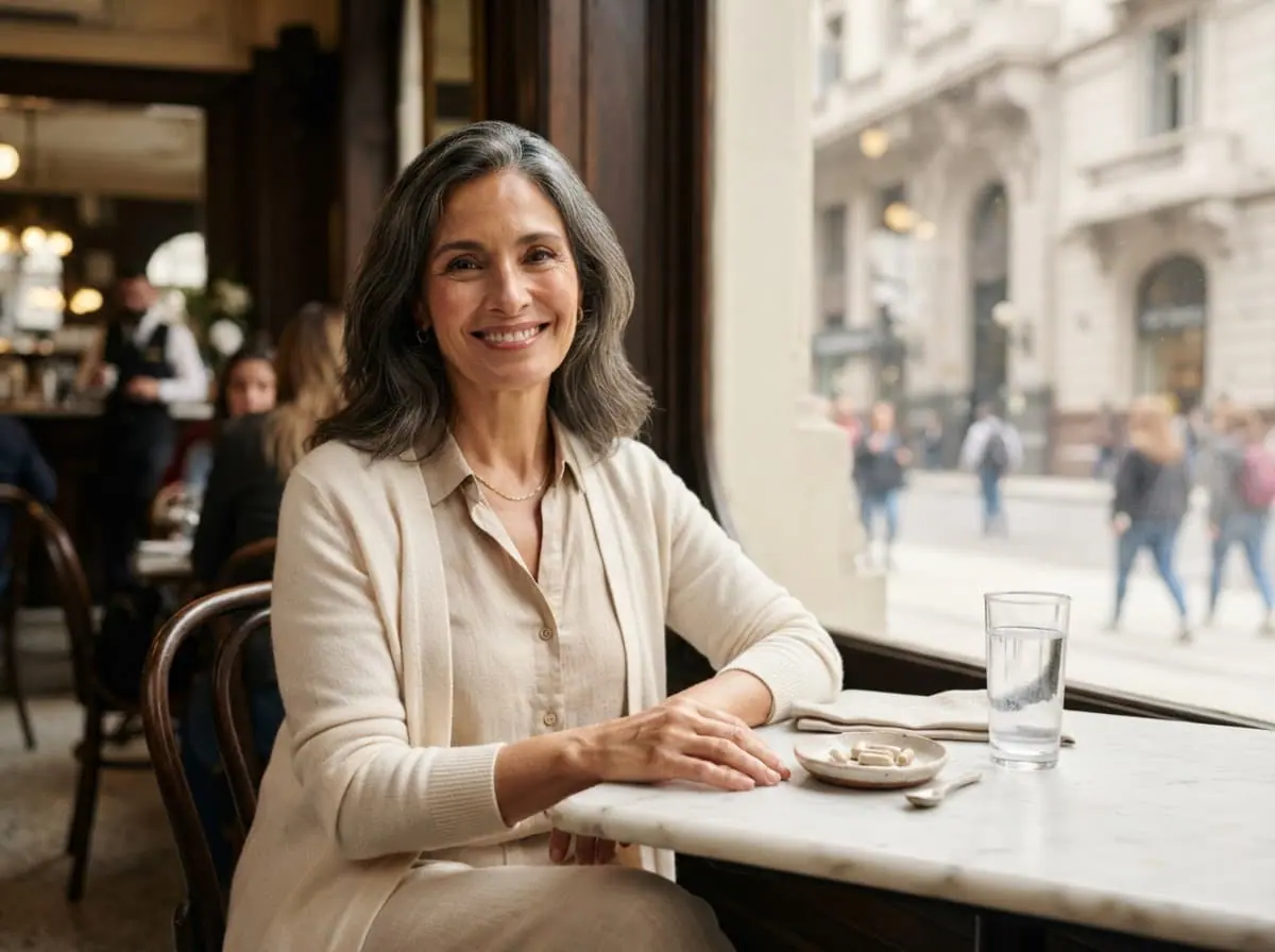 Mujer argentina sonriente en un café de Buenos Aires con un vaso de agua y su suplemento