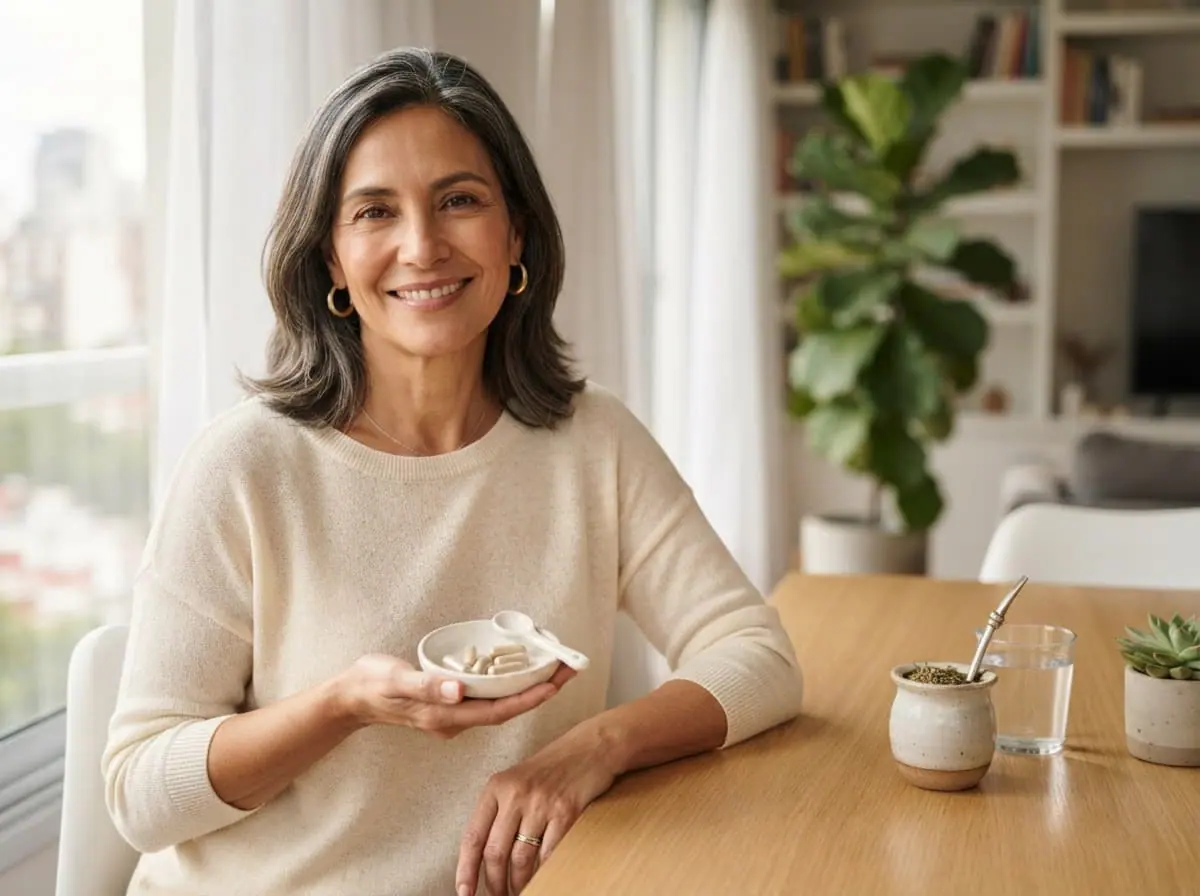 Mujer argentina en su casa con un plato de suplementos y un vaso de agua
