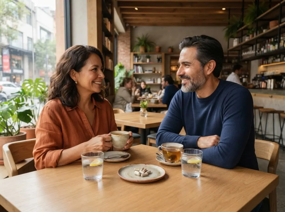 Pareja conversando en un café con té y agua en la mesa