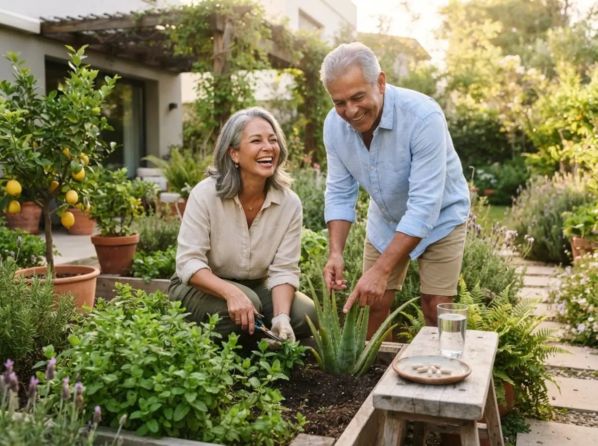 Pareja cuidando su huerta en el jardín en una mañana de sol