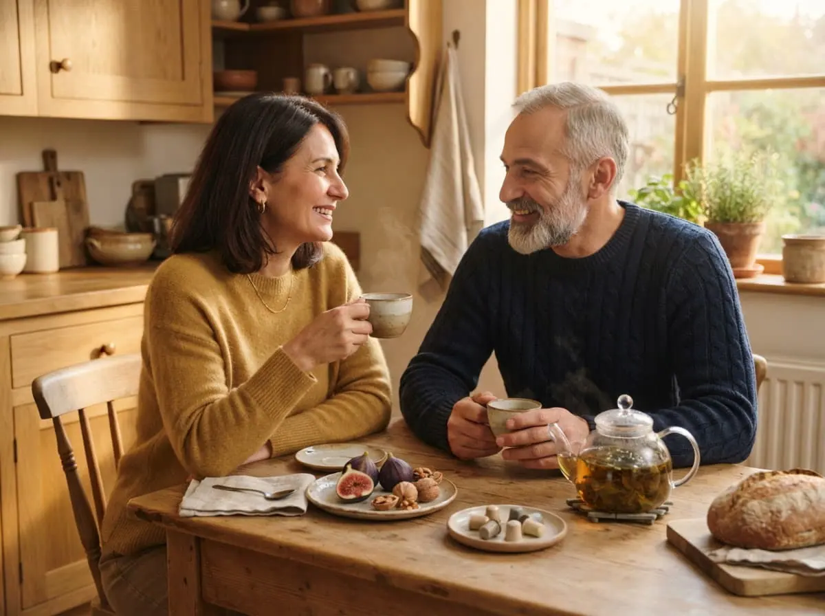 Pareja compartiendo un almuerzo liviano en la mesa del patio