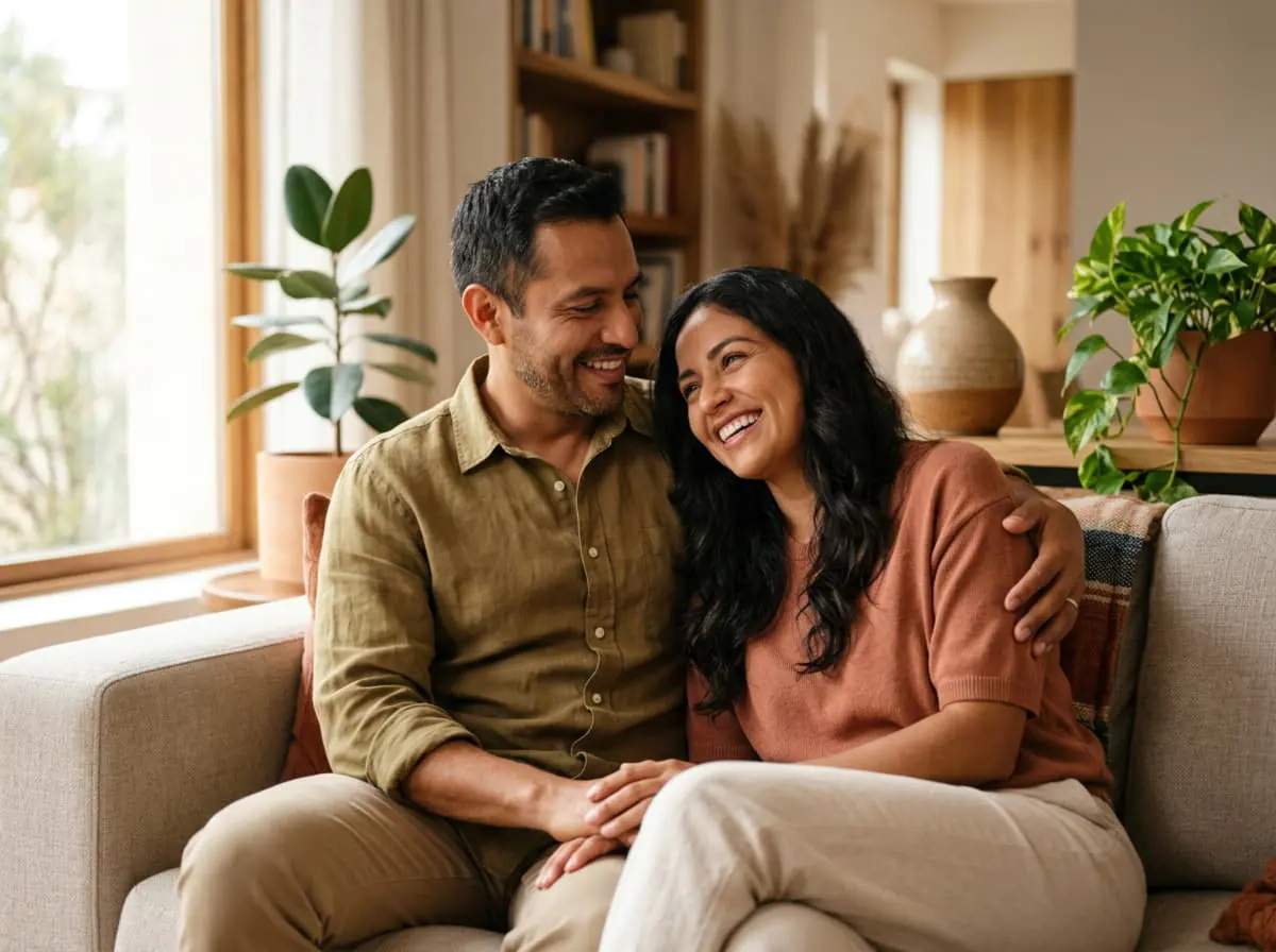 Pareja relajada en el sillón de su casa después de recibir su pedido