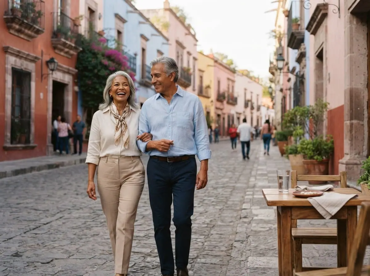 Pareja caminando por una calle empedrada con fachadas coloridas en una tarde templada