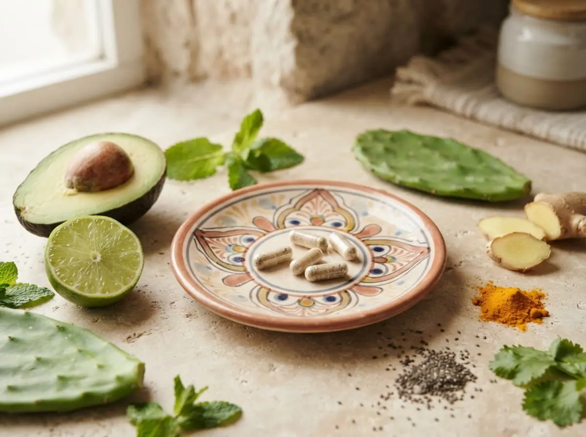 Plato con cápsulas rodeado de palta, lima, jengibre y especias sobre una mesa clara