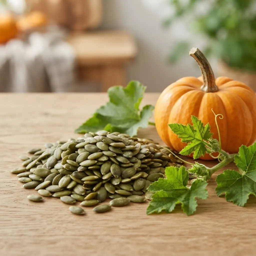 Semillas de calabaza junto a un zapallo, uno de los extractos vegetales de UROCORE