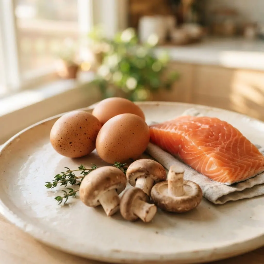 Alimentos con vitamina D: huevos, salmón y hongos sobre un plato